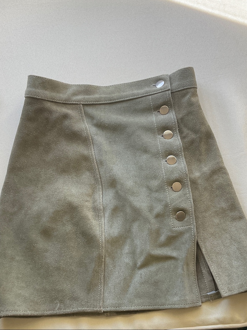 Sage Green Suede Mini Skirt with Snap-Button Detail